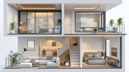 House concept. Sliced house with interior. 3d illustration