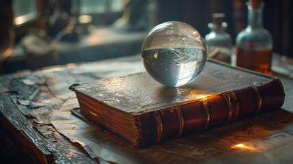 Crystal ball on an old book with map - obrazy, fototapety, plakaty