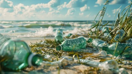 Problem of plastic bottles and microplastics lying on the shore near water of sea or ocean. Marine plastic pollution concept background