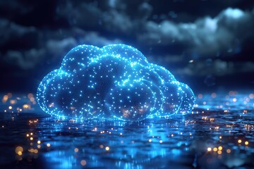 A glowing blue cloud of tiny dots hovers over a surface reflecting light.