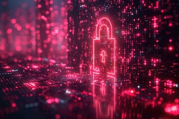 A glowing red padlock icon in a digital landscape with a binary code background.