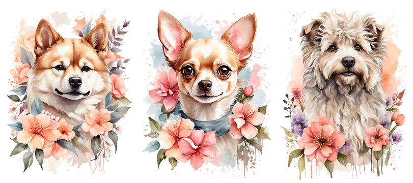 Beautiful watercolor Basset Hound Jack Russell Terrier Chow chow dogs floral vertical portraits prints set with white background