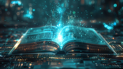 E-book Digital form of textbooks and reading materials, Education concept, futuristic background