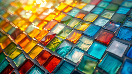 Fototapeta premium Colorful glass tiles in sunlight, 70 characters.