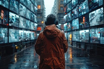 A person walking down a city street with screens on both sides.