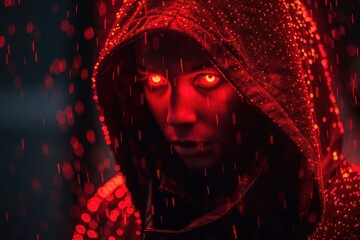 A woman in a red hood with glowing red eyes - obrazy, fototapety, plakaty