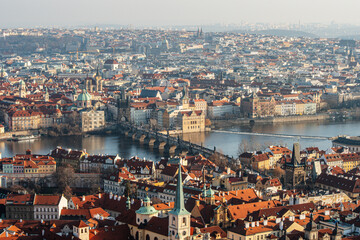 Aerial view of old town with Charles Bridge in Prague. Czech Republic.
