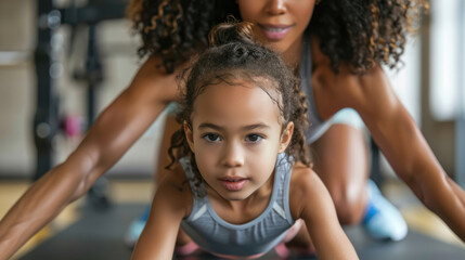 Mother and little daughter are doing exercise in the stadium. - obrazy, fototapety, plakaty