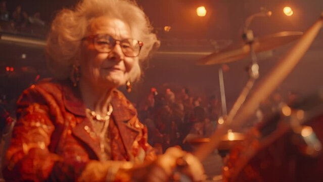 Senior Drummer Rocks the Stage with Joy. Concept Drummer, Senior Portrait, Rock Star, Performance, Musician