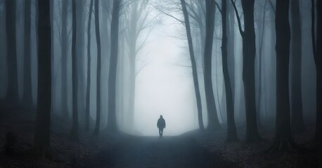 A lone person walking down a foggy, misty forest path surrounded by bare, dark trees