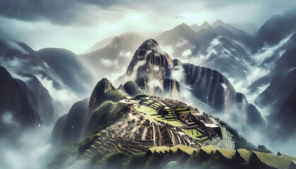 Mist-Enveloped Machu Picchu: Rainy Season Close-Up of the Ancient Inca City Adding to the Mystique of Peru