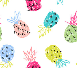 Hand-drawn one-line simple pineapple clipart for any design purposes. Minimalist doodle style  graphics. Summer exotic fruits clipart. Funny pineapples on mint background