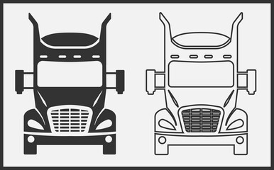 Truck icon front view. Black on White Background. Vector Illustration.