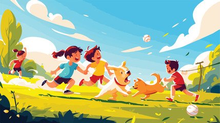 Kids play in summer park vector illustration. Carto