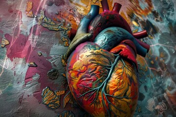 Artistic diagrammatic representation of the human heart's anatomy.