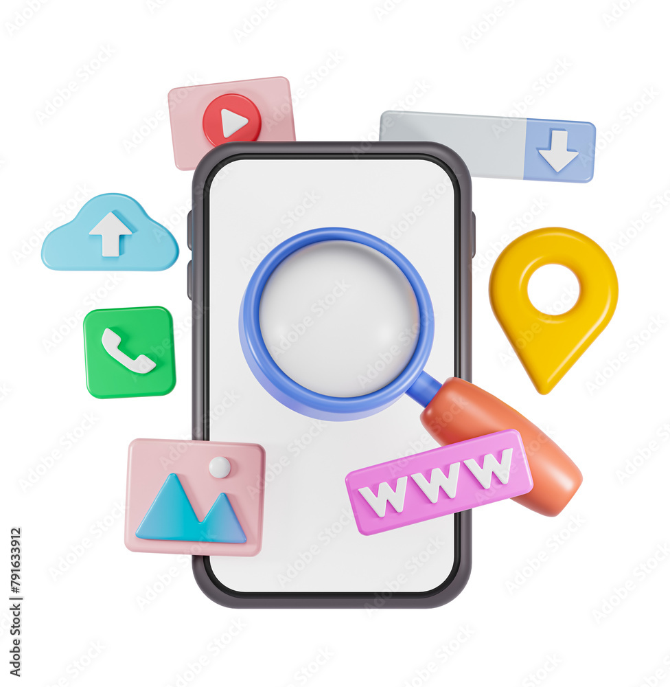 Poster smartphone and internet related icons. isolated object. finding information online concept. 3d rende