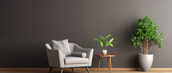 Minimalist Lounge with Grey Armchair and Lush Green Plant Decor