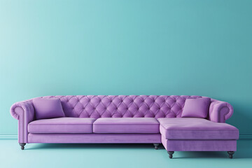 Contemporary décor. Isolated purple sofa against light pink and light green wallpaper
