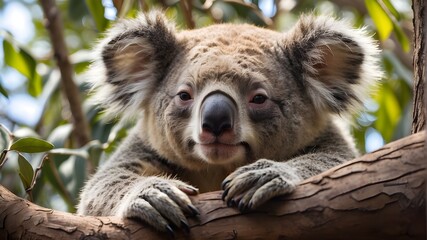 A playful koala bear lounging on a tree branch, its fluffy fur blending in with the surrounding leaves.
