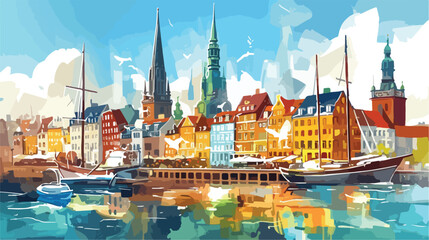 Landmark of Copenhagen Capital of Denmark. Watercol - obrazy, fototapety, plakaty