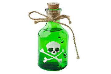 glass bottle with the image of a skull and crossbones filled with poison, poisonous green toxic liquid, chemicals, dangerous. isolated on transparent background png object