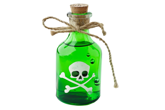 glass bottle with the image of a skull and crossbones filled with poison, poisonous green toxic liquid, chemicals, dangerous. isolated on transparent background png object