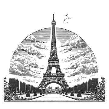 Eiffel Tower sketch engraving generative ai fictional character raster illustration. Scratch board imitation. Black and white image.