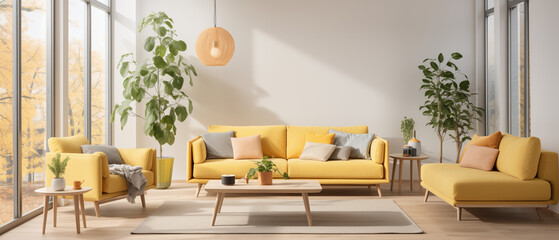 Elegant Yellow Living Room Interior With Autumn View