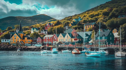 A charming seaside town with sailboats in the harbor  AI generated illustration - obrazy, fototapety, plakaty