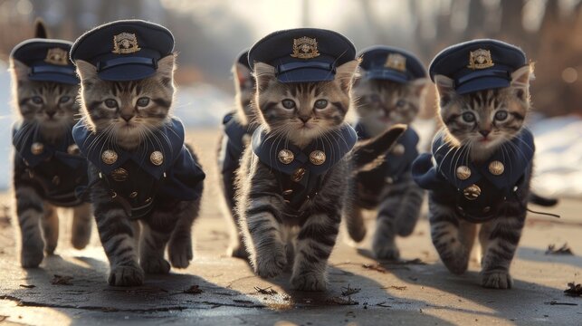 A charming scene of kittens dressed as soldiers marching in formation  AI generated illustration