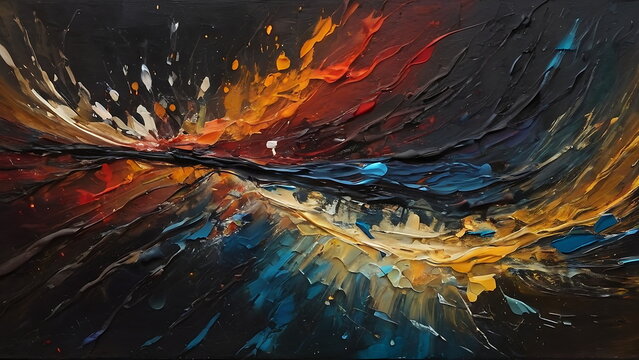 Abstract swirling Shapes, Oil Painting colors in red, orange and blue, Palette Knife Technique