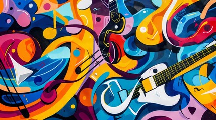 A colorful and abstract mural depicting the energy of a live concert  AI generated illustration