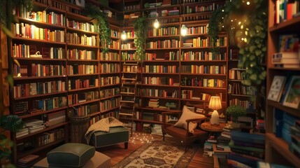 A cozy 3d bookstore with shelves of books and cozy reading nooks  AI generated illustration - obrazy, fototapety, plakaty