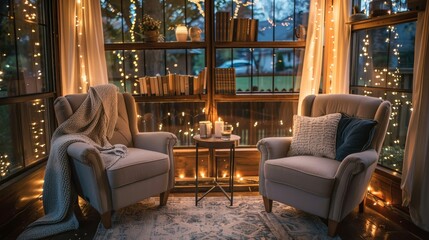 A cozy reading nook with plush chairs and fairy lights  AI generated illustration - obrazy, fototapety, plakaty