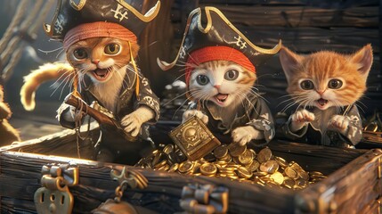 A cute 3d rendering of a group of kittens in pirate outfits plundering a treasure chest  AI generated illustration