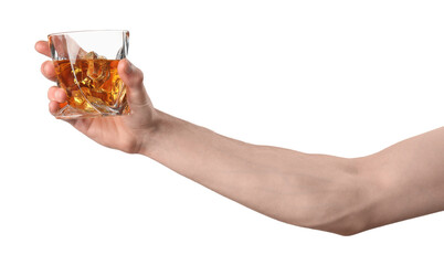 Man holding glass of whiskey with ice cubes on white background, closeup