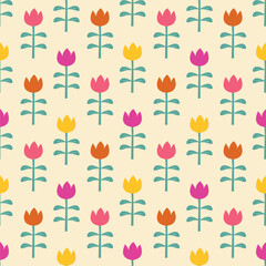 Vintage seamless floral pattern with tulips. A background of bright tulip flowers on a pink background. Vector graphics for printing on surfaces and web design.