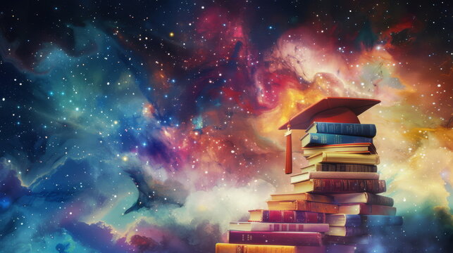 Stack of books with graduation cap, perfect for education and lifelong learning themes.