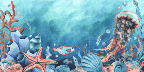 Underwater world clipart with sea animals whale, turtle, octopus, seahorse, starfish, shells, coral and algae. Hand drawn watercolor illustration. Border, template, frame on a blue marine background © NATASHA-CHU