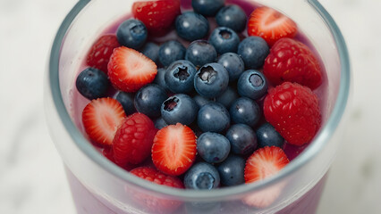 Glass cups with strawberries and blueberries on wooden background