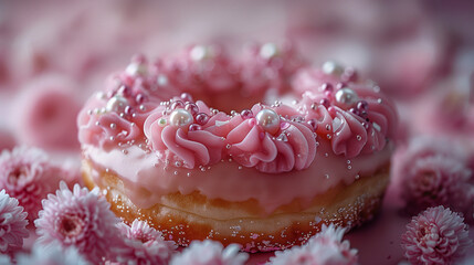 A delectable donut adorned with a myriad of decorations, including shimmering pearls and sprinkles. Each pearl and sprinkle adds a touch of elegance and sweetness to this irresistible treat