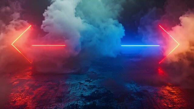 Dual Paths: Red and Blue Arrows in Mist. Concept Misty Forest, Split Path, Red Arrow, Blue Arrow, Decision Making