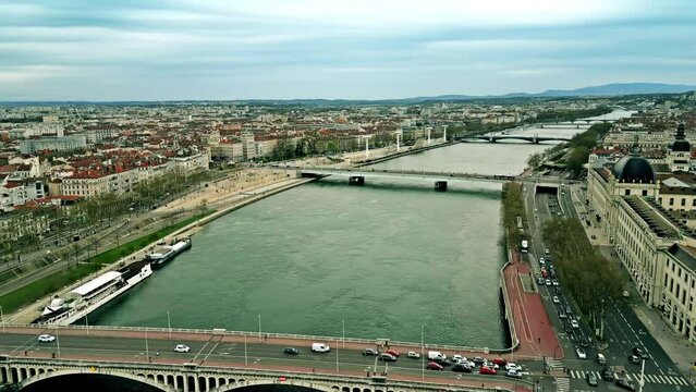 Aerial view of the Wilson bridge and other bridges over the River Rhone in Lyon, France