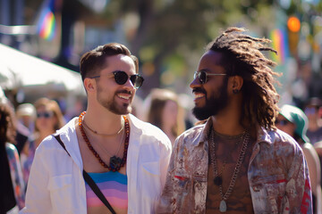 Obraz premium A gay couple walking down the street.They held hands and smiled at each other, enjoying the warm sun on their faces. Passersby glanced at them with curiosity, some with disapproval, but they paid them