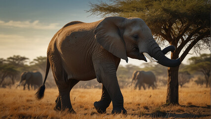 Sure, here is a description for an image without using a colon or mentioning an image: Large African elephant with gray wrinkled skin grazes on leaves in a sunny savanna. Generative AI