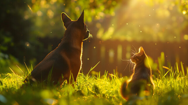 a dog and a cat are sitting in the grass one of them is a dog and the other is a cat.The dog is chasing its tail while the cat lazily watches, flicking its tail back and forth. The sun is shining brig