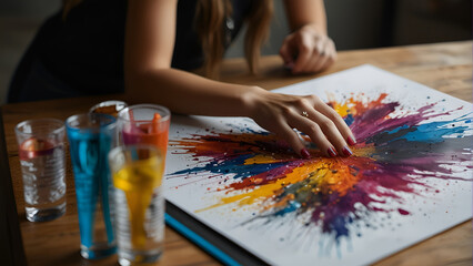 A young artist dips their brush in colorful paint, creating a masterpiece on a table. Generative AI