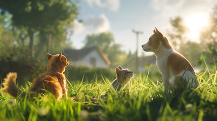 a dog and a cat are sitting in the grass one of them is a dog and the other is a cat.The dog is chasing its tail while the cat lazily watches, flicking its tail back and forth. The sun is shining brig