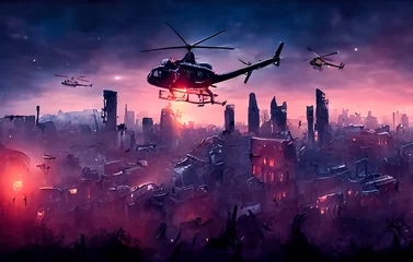 Rolgordijnen Apokalypse Hubschrauber Stadt Trümmer © pixelschoen