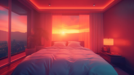 Modern bedroom with panoramic city view at sunset, neon lighting creates a warm ambiance. Vibrant red tones and elegant interior design with a serene urban backdrop